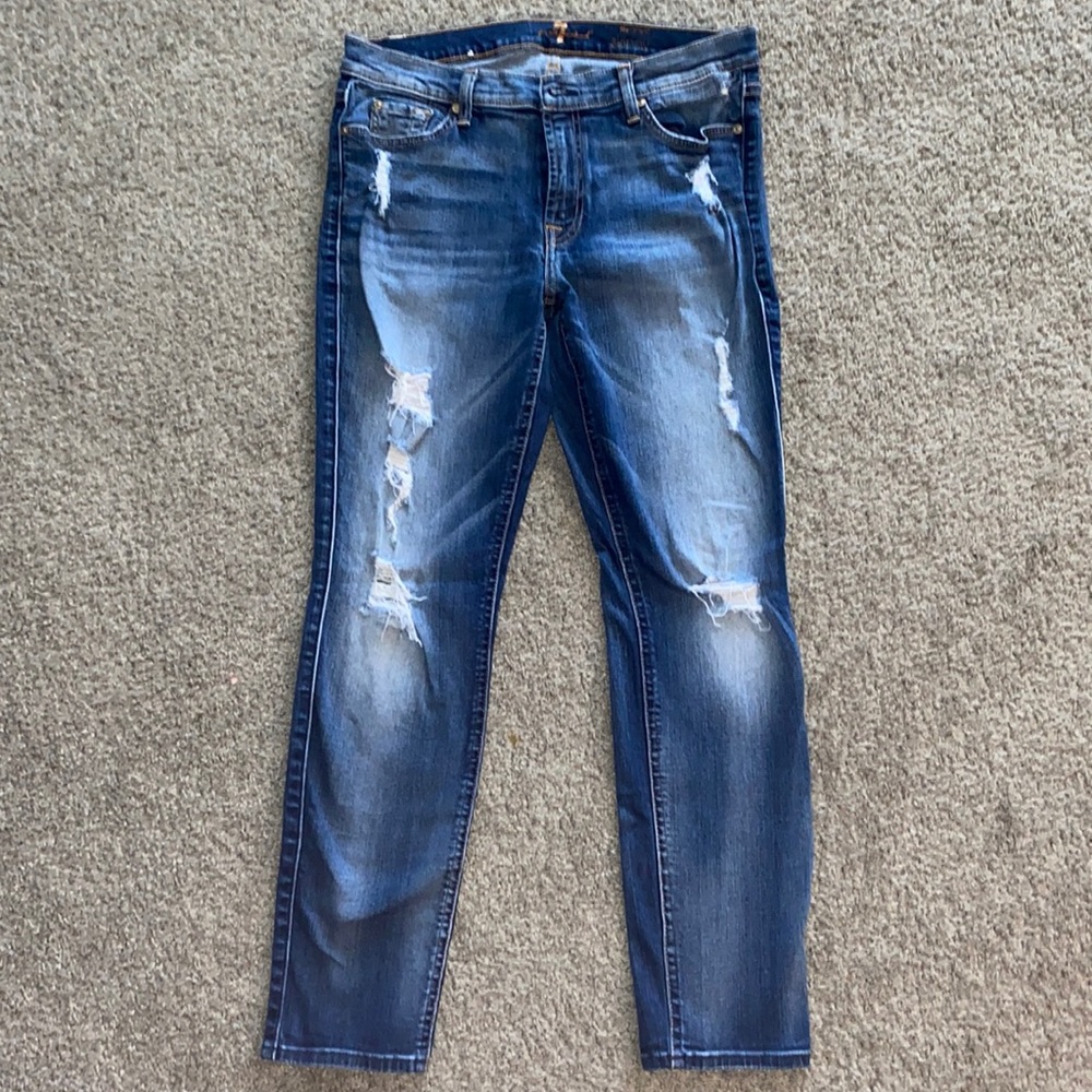 7 For All Mankind Blue Distressed Ankle Jeans